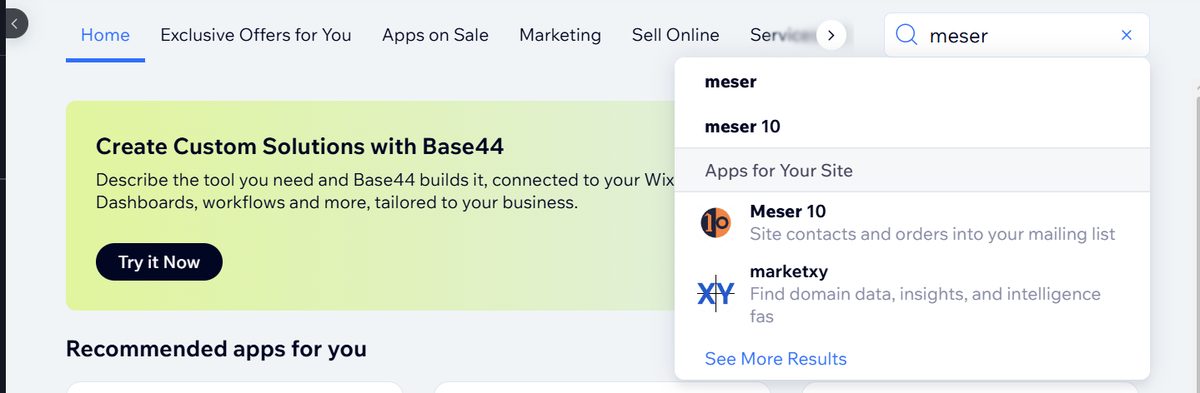 חיפוש meser בחנות האפליקציות של Wix מציג את האפליקציה Meser 10